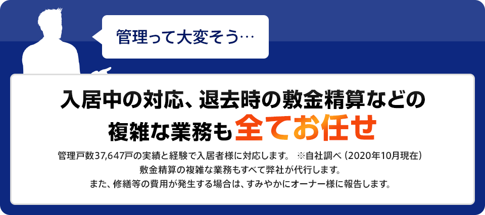入居中の対応、退去時の敷金精算などの複雑な業務も全てお任せ 管理戸数37,647戸の実績と経験で入居者様に対応します。 ※自社調べ（2020年10月現在）敷金精算の複雑な業務もすべて弊社が代行します。また、修繕等の費用が発生する場合は、すみやかにオーナー様に報告します。